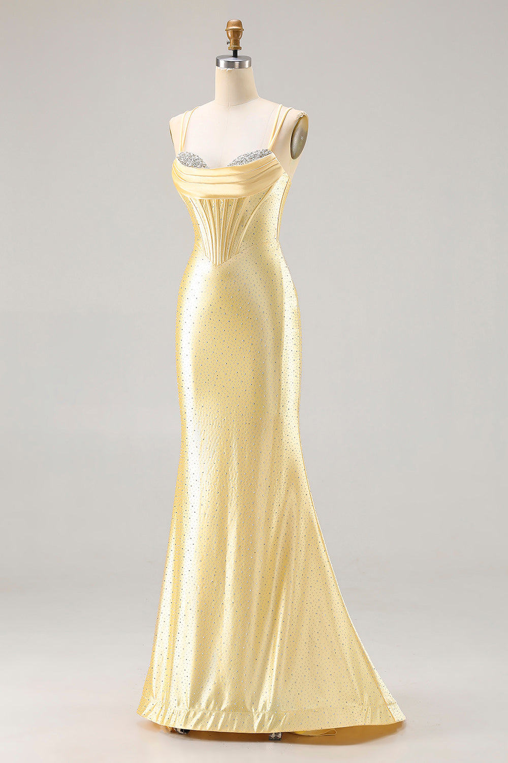 Sparkly Light Yellow Mermaid Satin Beaded Long Corset Prom Dress