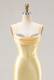 Sparkly Light Yellow Mermaid Satin Beaded Long Corset Prom Dress