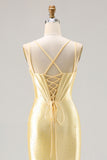 Sparkly Light Yellow Mermaid Satin Beaded Long Corset Prom Dress