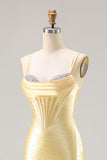 Sparkly Light Yellow Mermaid Satin Beaded Long Corset Prom Dress