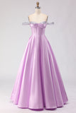 Sparkly Light Purple A Line Off the Shoulder Long Corset Prom Dress with Beading