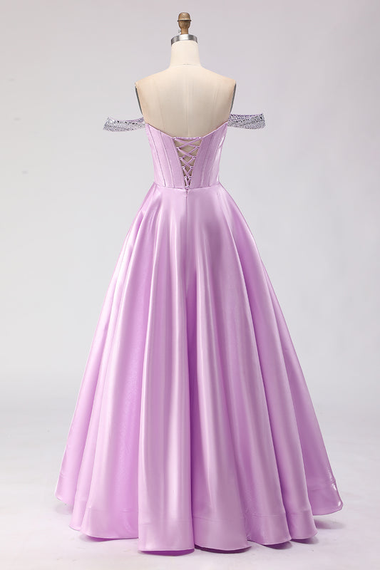 Sparkly Light Purple A Line Off the Shoulder Long Corset Prom Dress with Beading