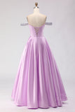 Sparkly Light Purple A Line Off the Shoulder Long Corset Prom Dress with Beading