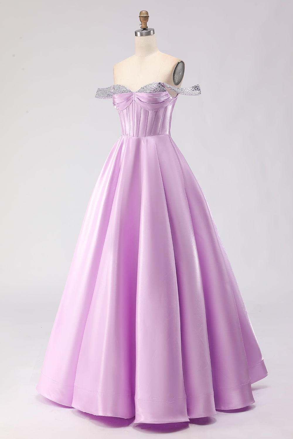 Sparkly Light Purple A Line Off the Shoulder Long Corset Prom Dress with Beading