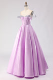 Sparkly Light Purple A Line Off the Shoulder Long Corset Prom Dress with Beading