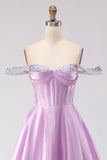 Sparkly Light Purple A Line Off the Shoulder Long Corset Prom Dress with Beading