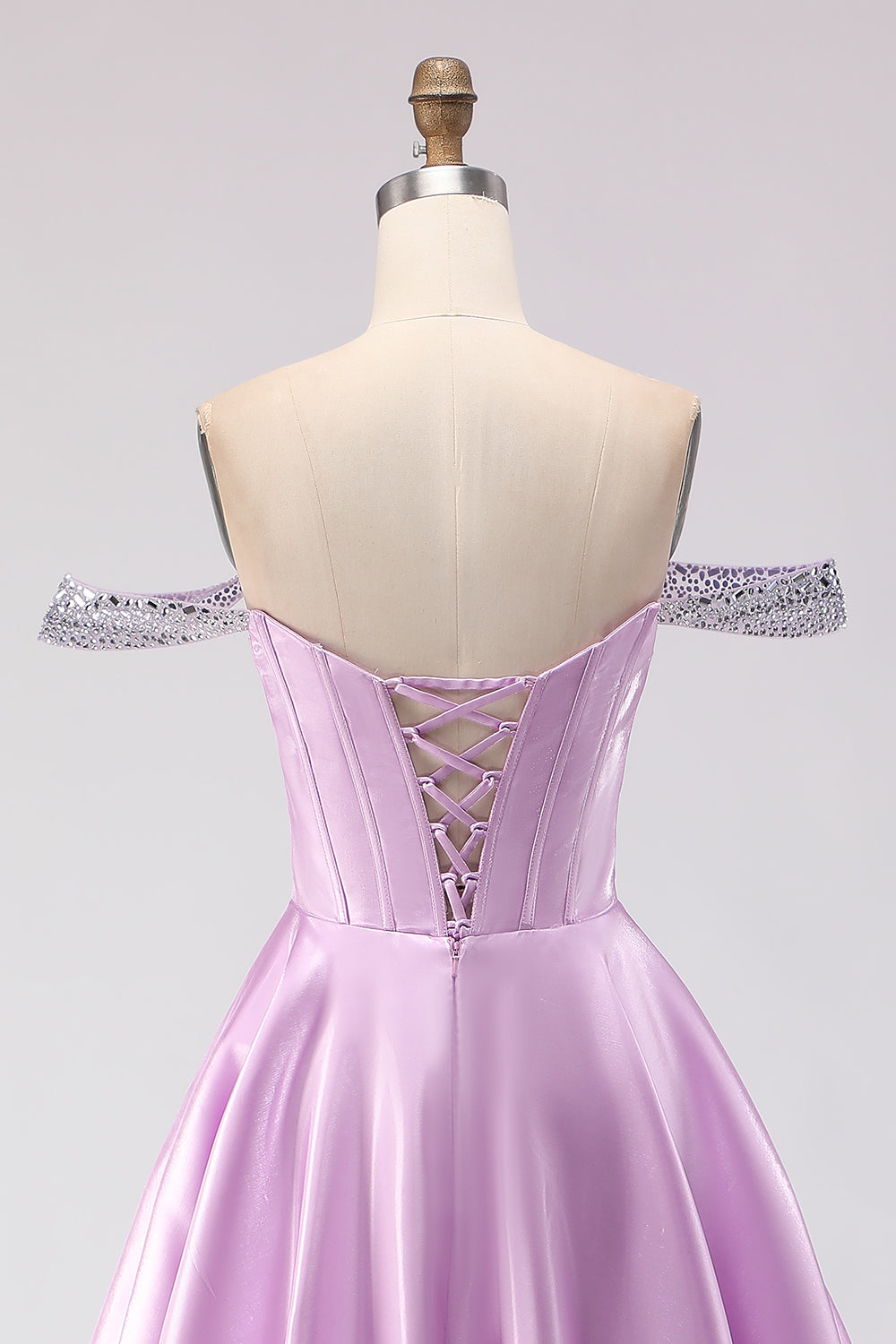 Sparkly Light Purple A Line Off the Shoulder Long Corset Prom Dress with Beading