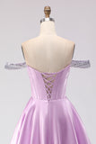 Sparkly Light Purple A Line Off the Shoulder Long Corset Prom Dress with Beading