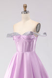 Sparkly Light Purple A Line Off the Shoulder Long Corset Prom Dress with Beading