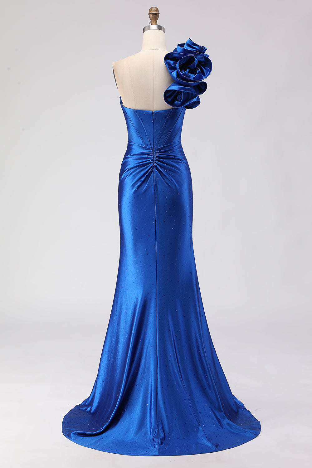 Royal Blue Satin Mermaid Beaded Long Corset Prom Dress with Slit
