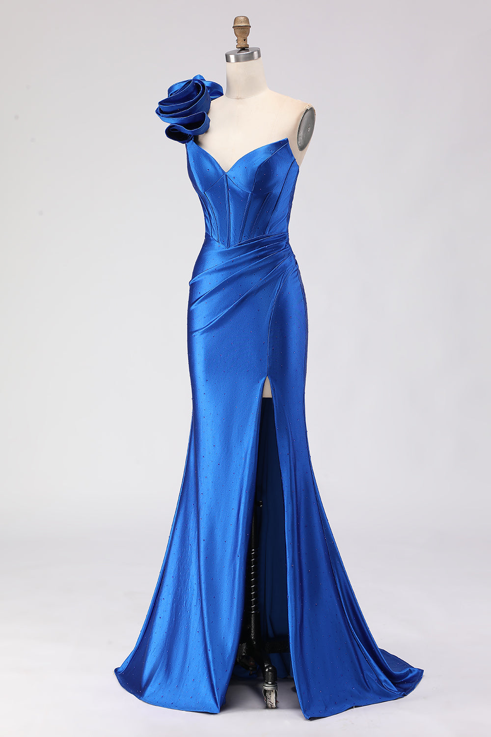 Royal Blue Satin Mermaid Beaded Long Corset Prom Dress with Slit
