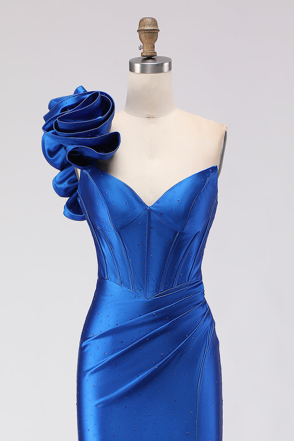 Royal Blue Satin Mermaid Beaded Long Corset Prom Dress with Slit