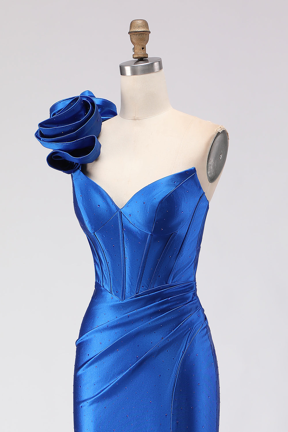 Royal Blue Satin Mermaid Beaded Long Corset Prom Dress with Slit