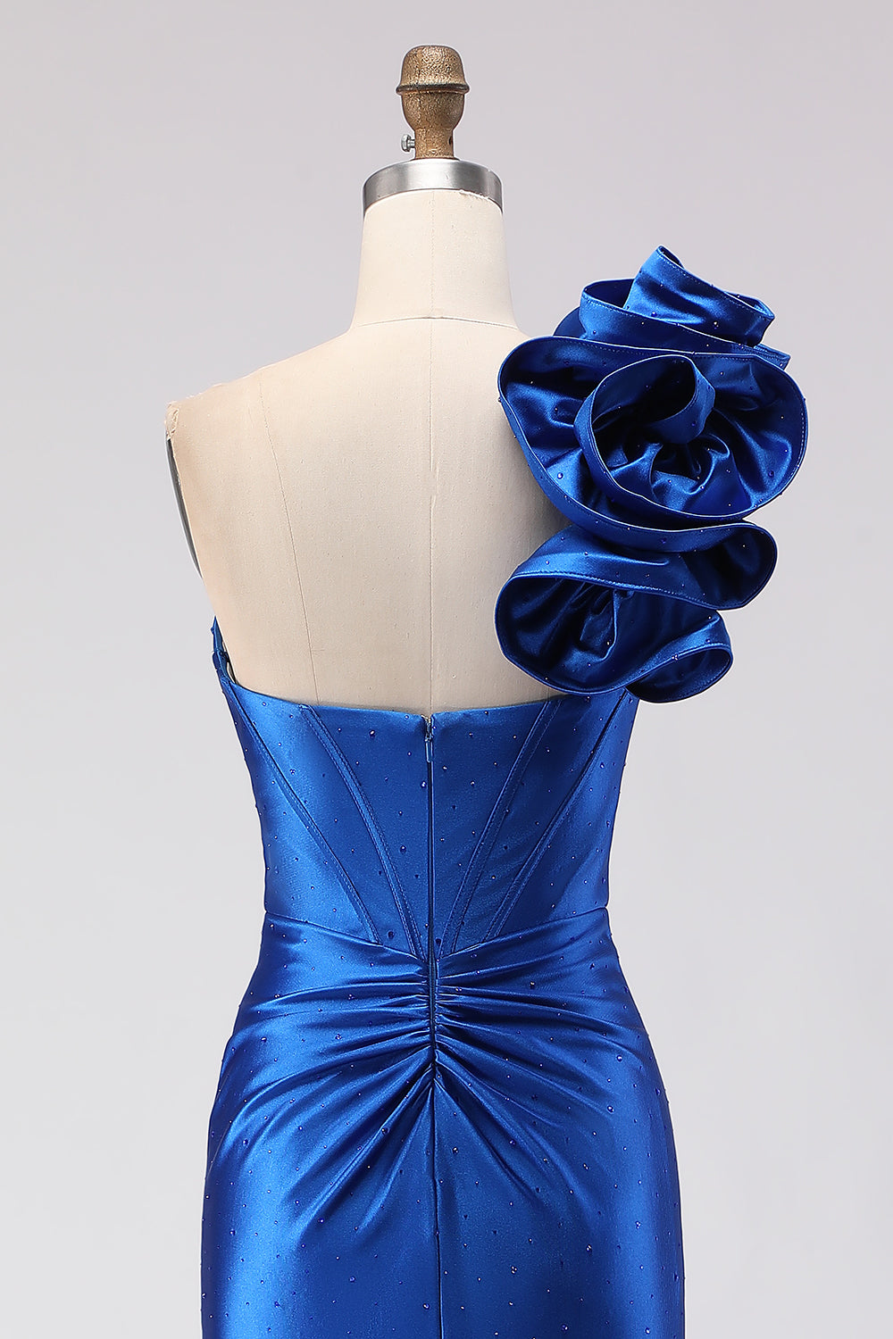 Royal Blue Satin Mermaid Beaded Long Corset Prom Dress with Slit