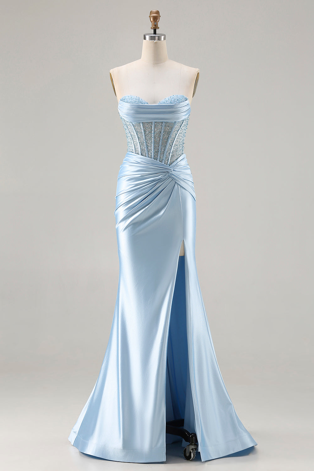 Sparkly Sky Blue Sweetheart Mermaid Beaded Long Corset Prom Dress with Slit