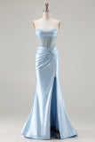 Sparkly Sky Blue Sweetheart Mermaid Beaded Long Corset Prom Dress with Slit