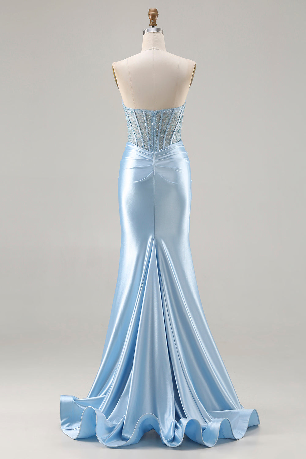 Sparkly Sky Blue Sweetheart Mermaid Beaded Long Corset Prom Dress with Slit