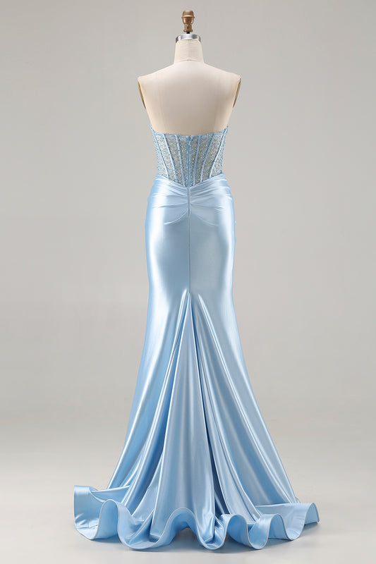 Sparkly Sky Blue Sweetheart Mermaid Beaded Long Corset Prom Dress with Slit