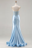 Sparkly Sky Blue Sweetheart Mermaid Beaded Long Corset Prom Dress with Slit