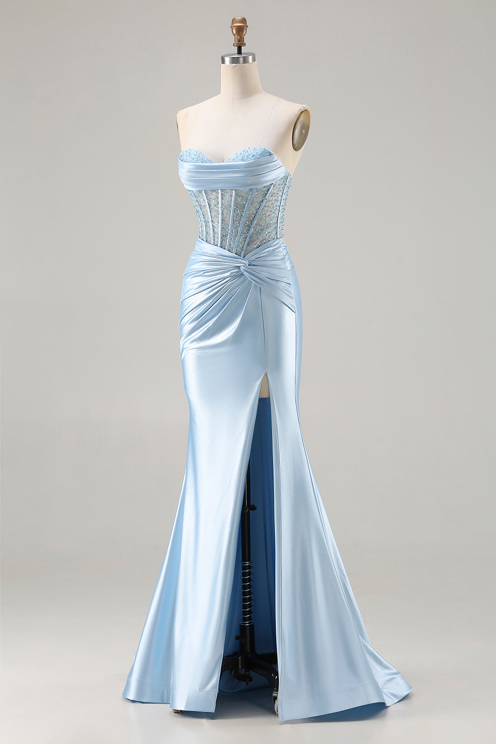 Sparkly Sky Blue Sweetheart Mermaid Beaded Long Corset Prom Dress with Slit