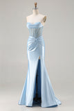 Sparkly Sky Blue Sweetheart Mermaid Beaded Long Corset Prom Dress with Slit