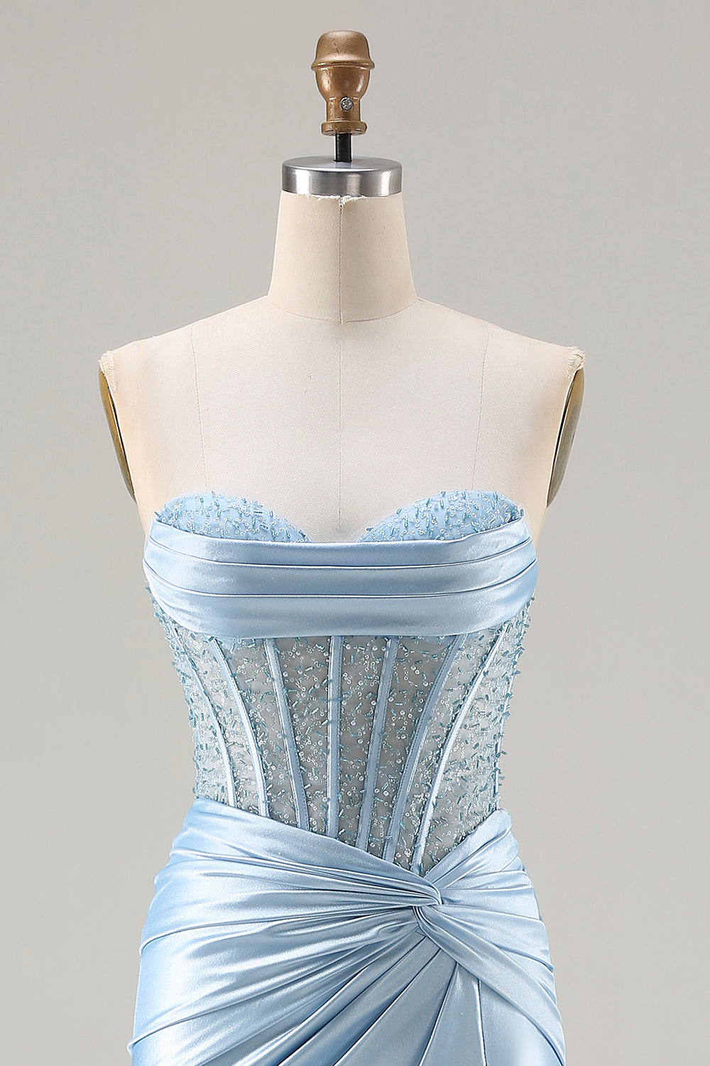 Sparkly Sky Blue Sweetheart Mermaid Beaded Long Corset Prom Dress with Slit