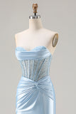 Sparkly Sky Blue Sweetheart Mermaid Beaded Long Corset Prom Dress with Slit