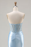 Sparkly Sky Blue Sweetheart Mermaid Beaded Long Corset Prom Dress with Slit