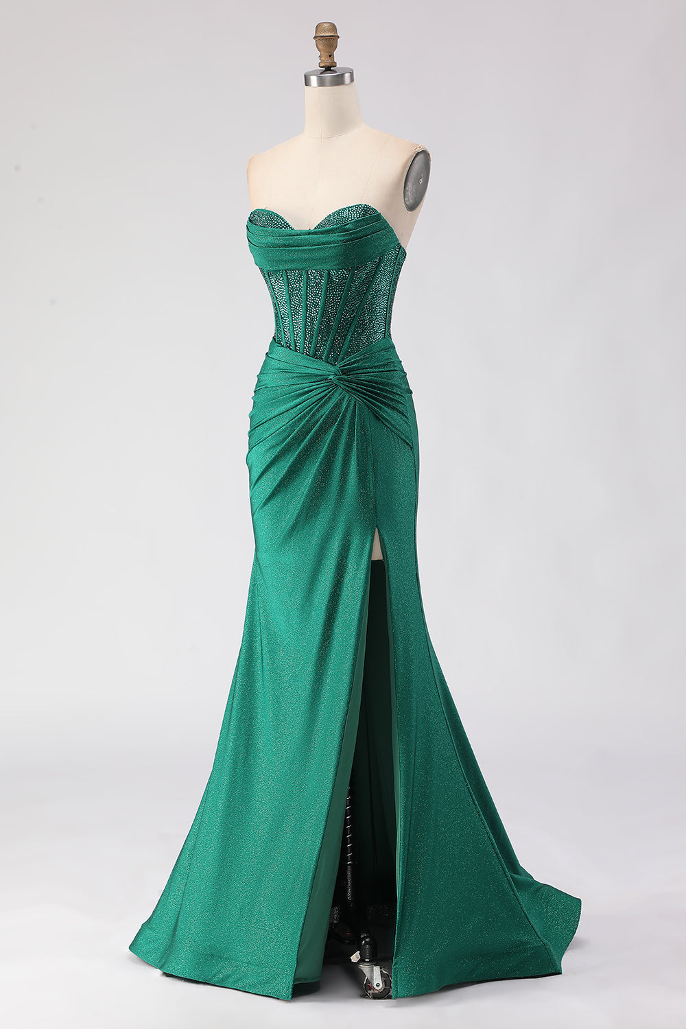 Sparkly Dark Green Sweetheart Mermaid Long Corset Prom Dress with Slit