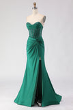 Sparkly Dark Green Sweetheart Mermaid Long Corset Prom Dress with Slit