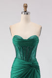 Sparkly Dark Green Sweetheart Mermaid Long Corset Prom Dress with Slit