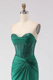 Sparkly Dark Green Sweetheart Mermaid Long Corset Prom Dress with Slit