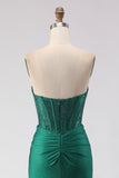 Sparkly Dark Green Sweetheart Mermaid Long Corset Prom Dress with Slit