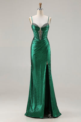 Sparkly Dark Green Beaded Mermaid Ruched Long Corset Prom Dress with Slit