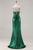 Sparkly Dark Green Beaded Mermaid Ruched Long Corset Prom Dress with Slit