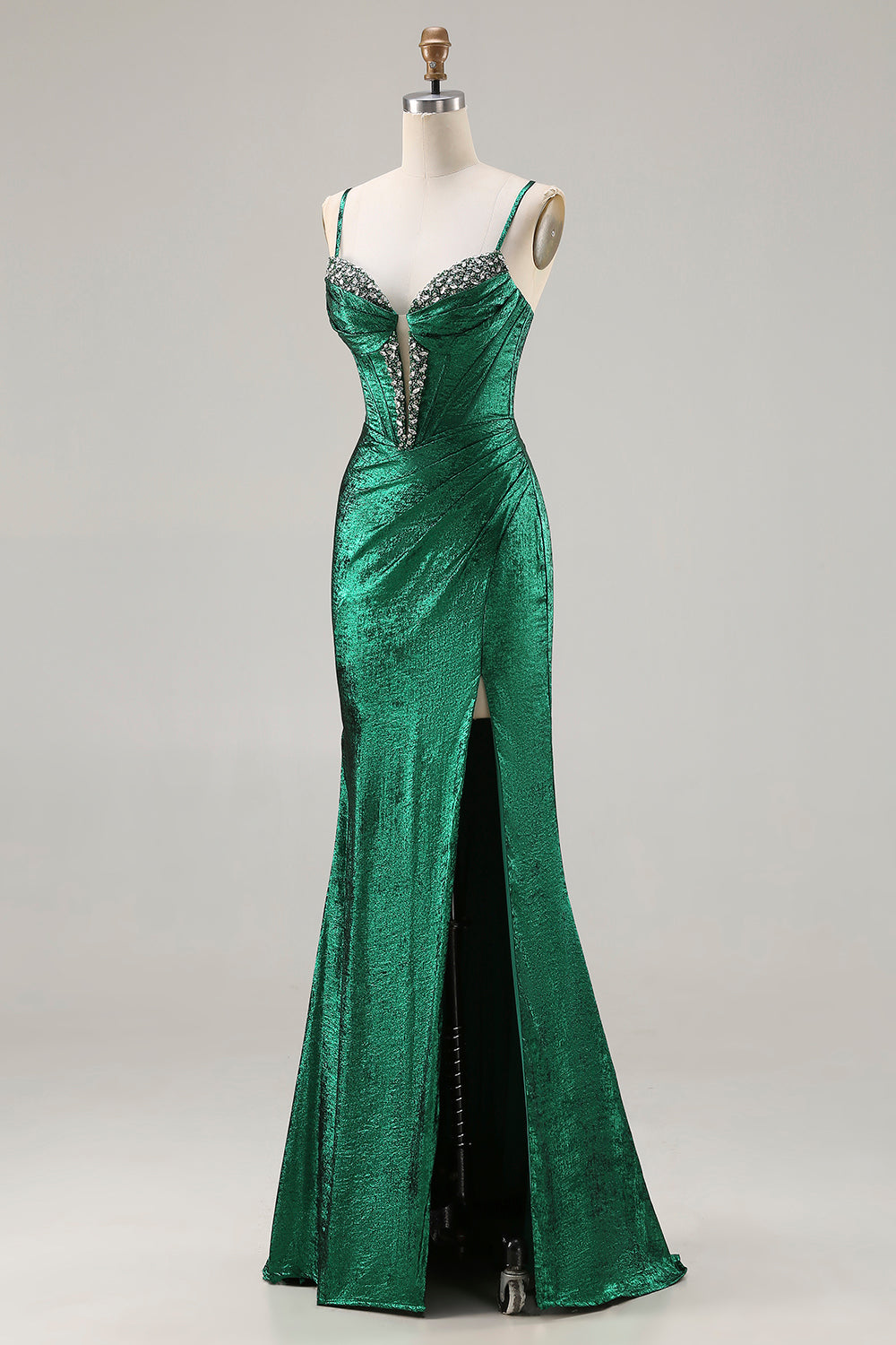 Sparkly Dark Green Beaded Mermaid Ruched Long Corset Prom Dress with Slit