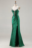 Sparkly Dark Green Beaded Mermaid Ruched Long Corset Prom Dress with Slit