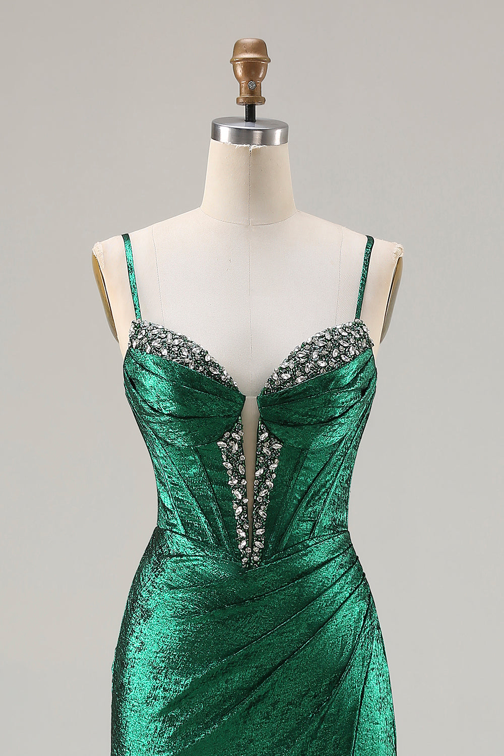 Sparkly Dark Green Beaded Mermaid Ruched Long Corset Prom Dress with Slit