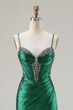 Sparkly Dark Green Beaded Mermaid Ruched Long Corset Prom Dress with Slit