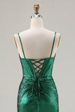 Sparkly Dark Green Beaded Mermaid Ruched Long Corset Prom Dress with Slit