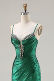 Sparkly Dark Green Beaded Mermaid Ruched Long Corset Prom Dress with Slit