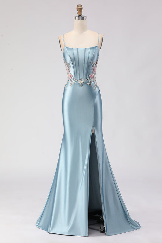 Floral Grey Blue Mermaid Spaghetti Straps Long Corset Prom Dress with Slit