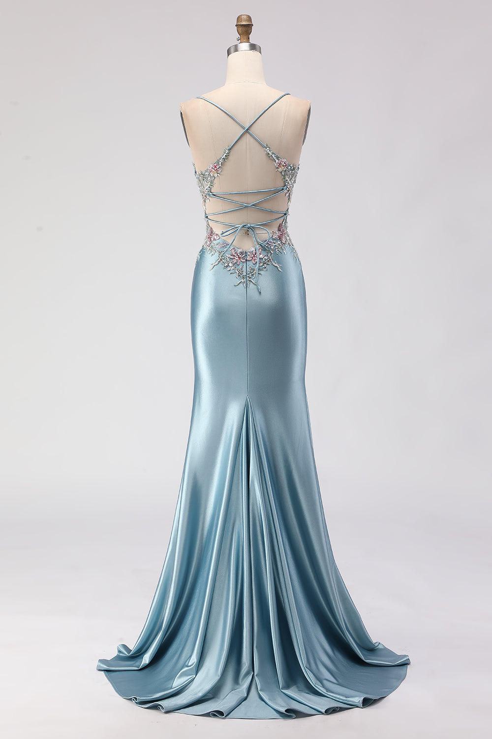 Floral Grey Blue Mermaid Spaghetti Straps Long Corset Prom Dress with Slit