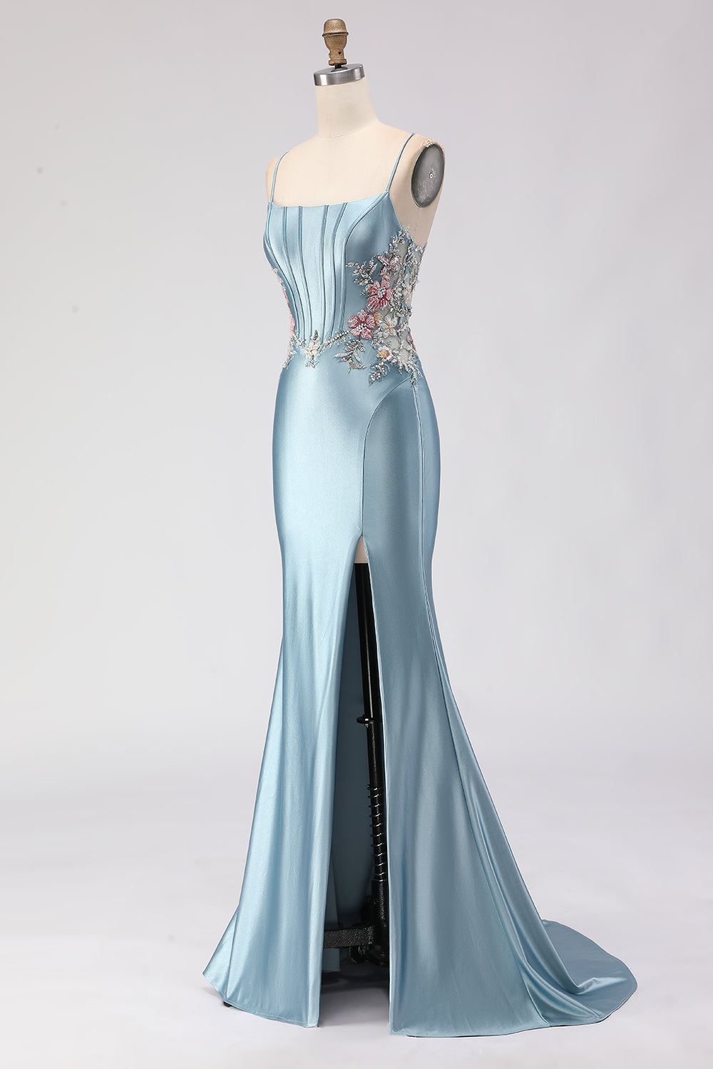Floral Grey Blue Mermaid Spaghetti Straps Long Corset Prom Dress with Slit