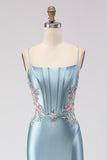 Floral Grey Blue Mermaid Spaghetti Straps Long Corset Prom Dress with Slit