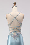 Floral Grey Blue Mermaid Spaghetti Straps Long Corset Prom Dress with Slit
