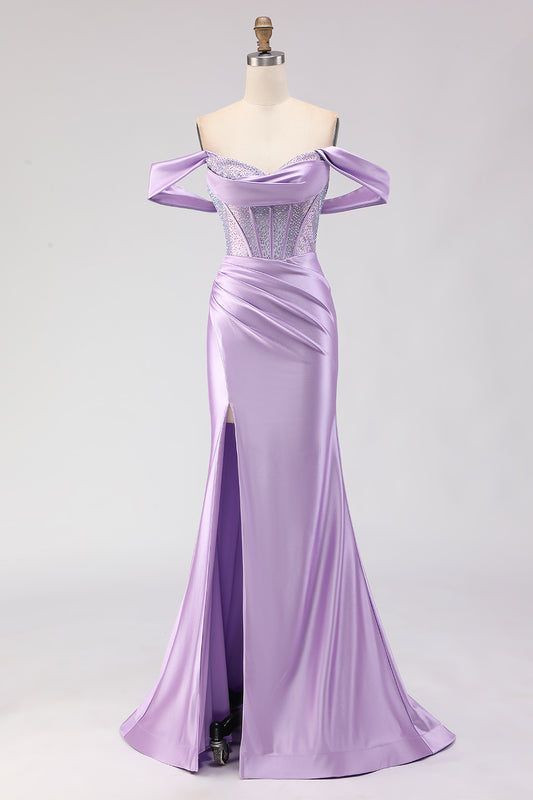 Sparkly Purple Beaded Off the Shoulder Long Corset Prom Dress with Slit