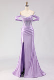 Sparkly Purple Beaded Off the Shoulder Long Corset Prom Dress with Slit