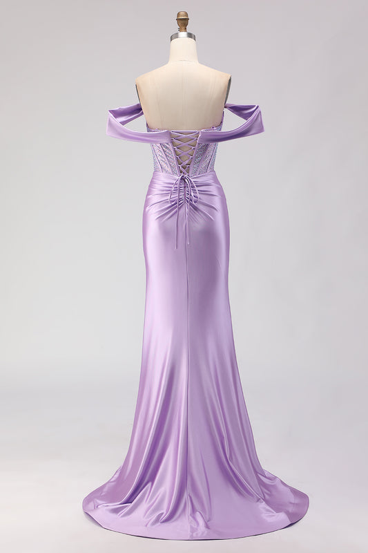 Sparkly Purple Beaded Off the Shoulder Long Corset Prom Dress with Slit