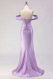 Sparkly Purple Beaded Off the Shoulder Long Corset Prom Dress with Slit